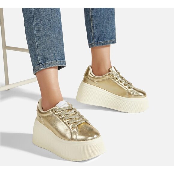Lucky Step Women Gold Platform Low Top Classic Wedge Retro Canvas Sneakers - Picture 8 of 9